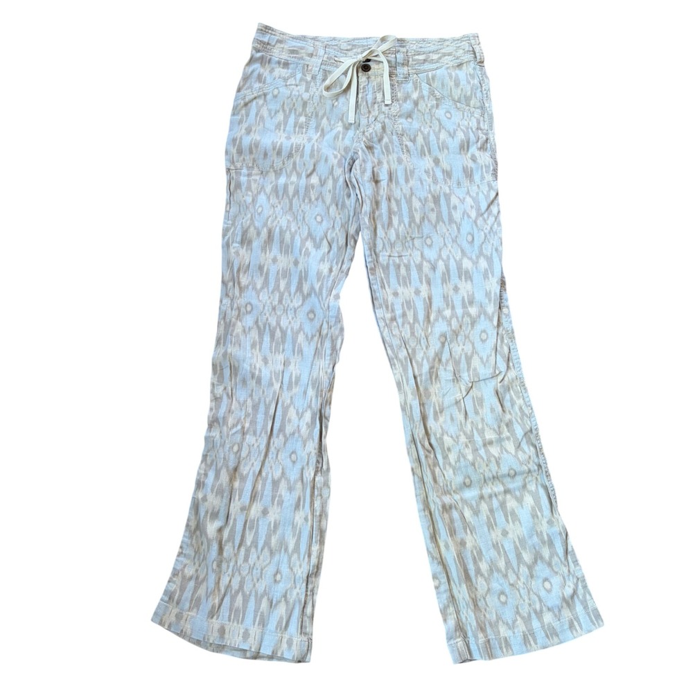 Patagonia Hemp Organic Cotton Ikat Print Straight Leg Pants Tan Blue Size 6 Boho
